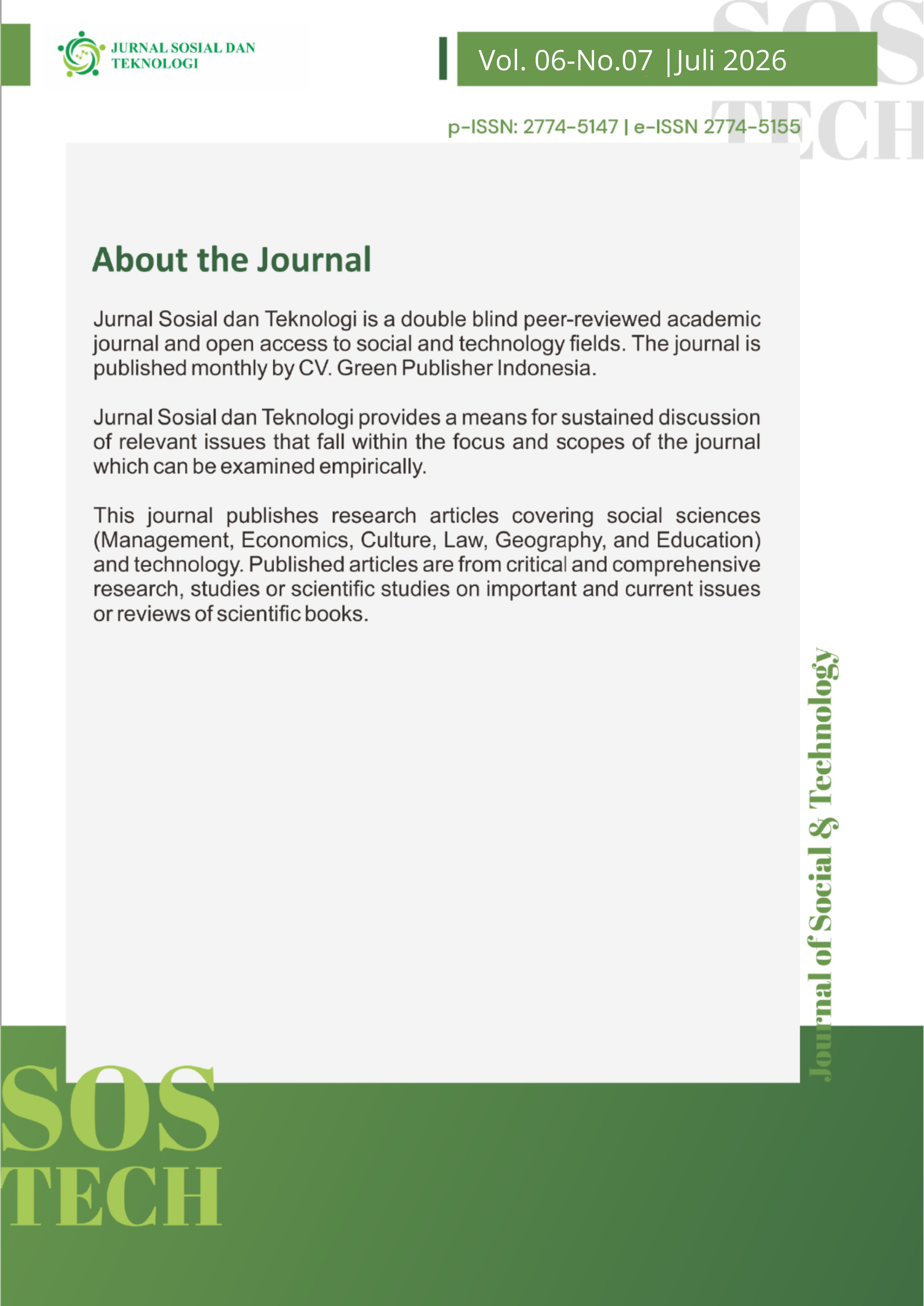 					View Vol. 6 No. 7 (2026): Jurnal Sosial dan Teknologi
				