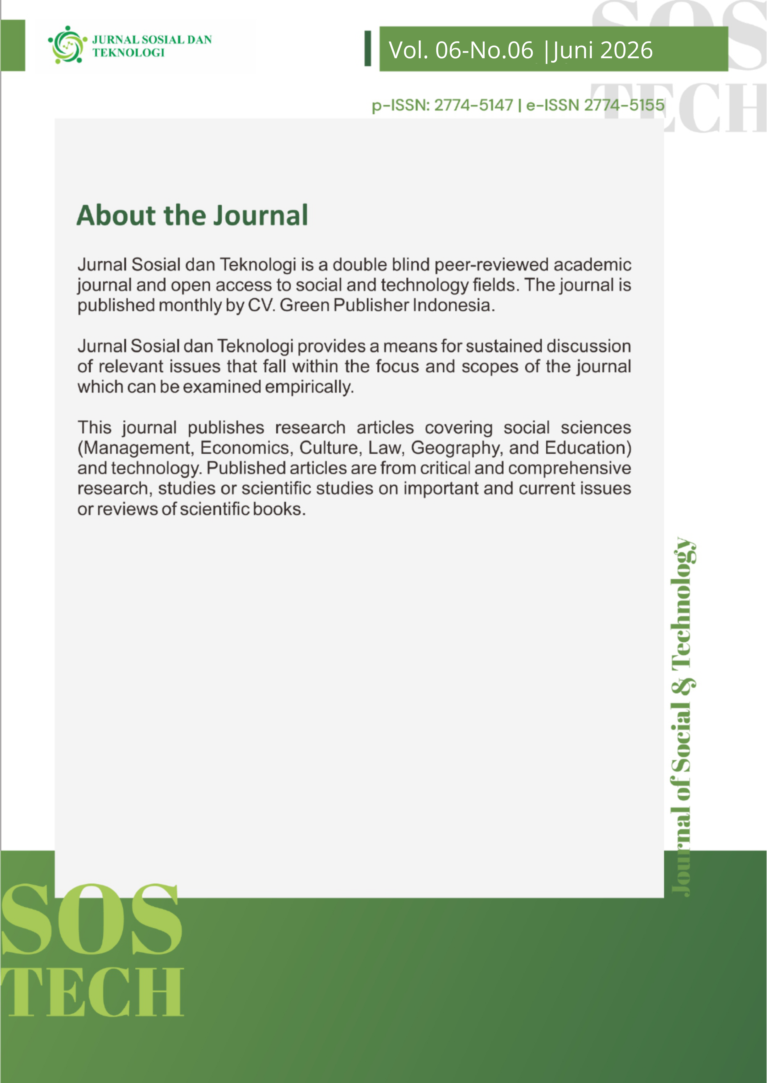 					View Vol. 6 No. 6 (2026): Jurnal Sosial dan Teknologi
				